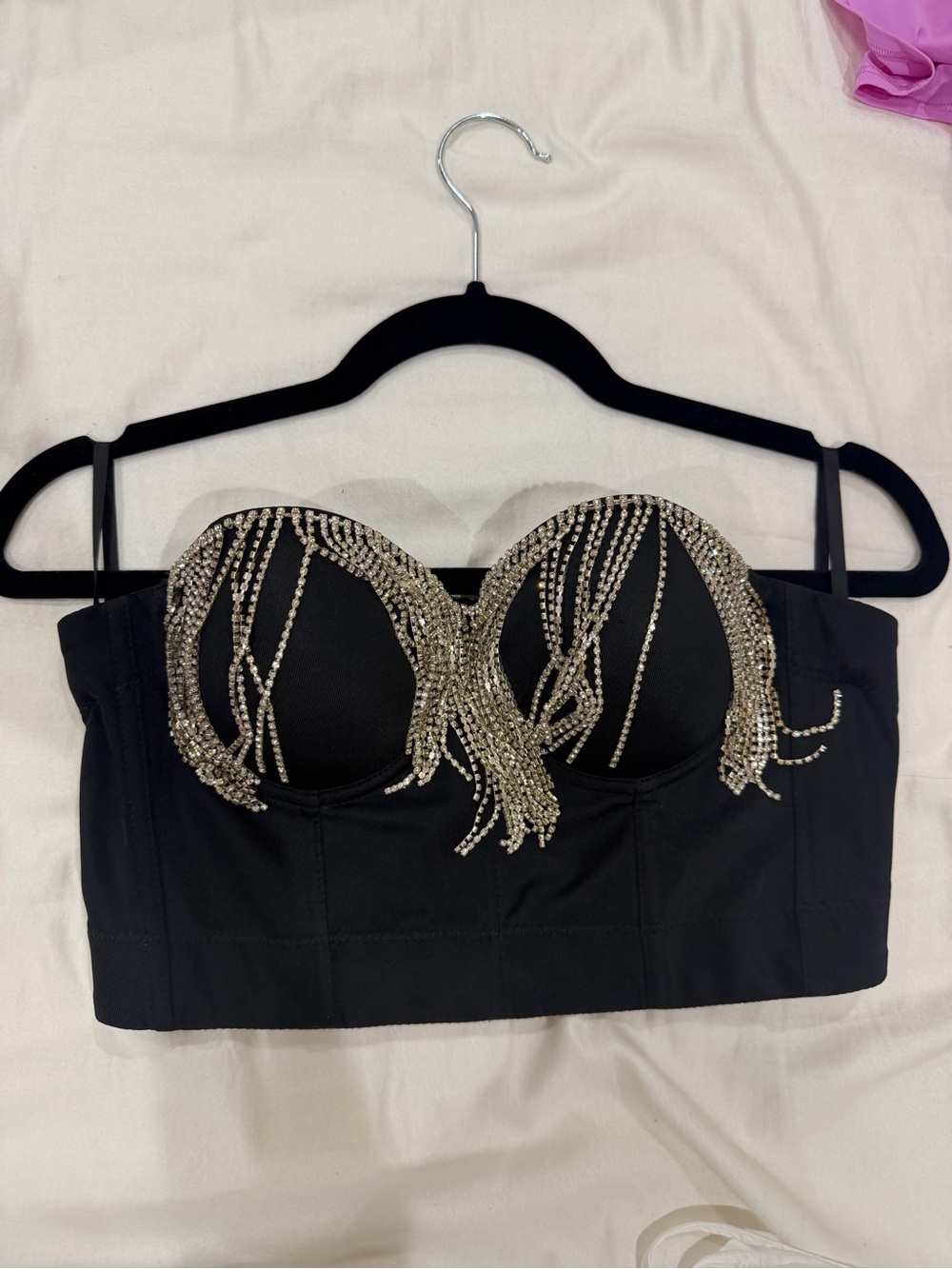 Strapless Black Rhinestone Fringe Bustier Top